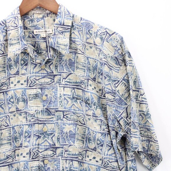 Vintage Burma Bibas Hawaiian Shirt Mens Blue Button Down Fishes Pattern Large L - Picture 2 of 9